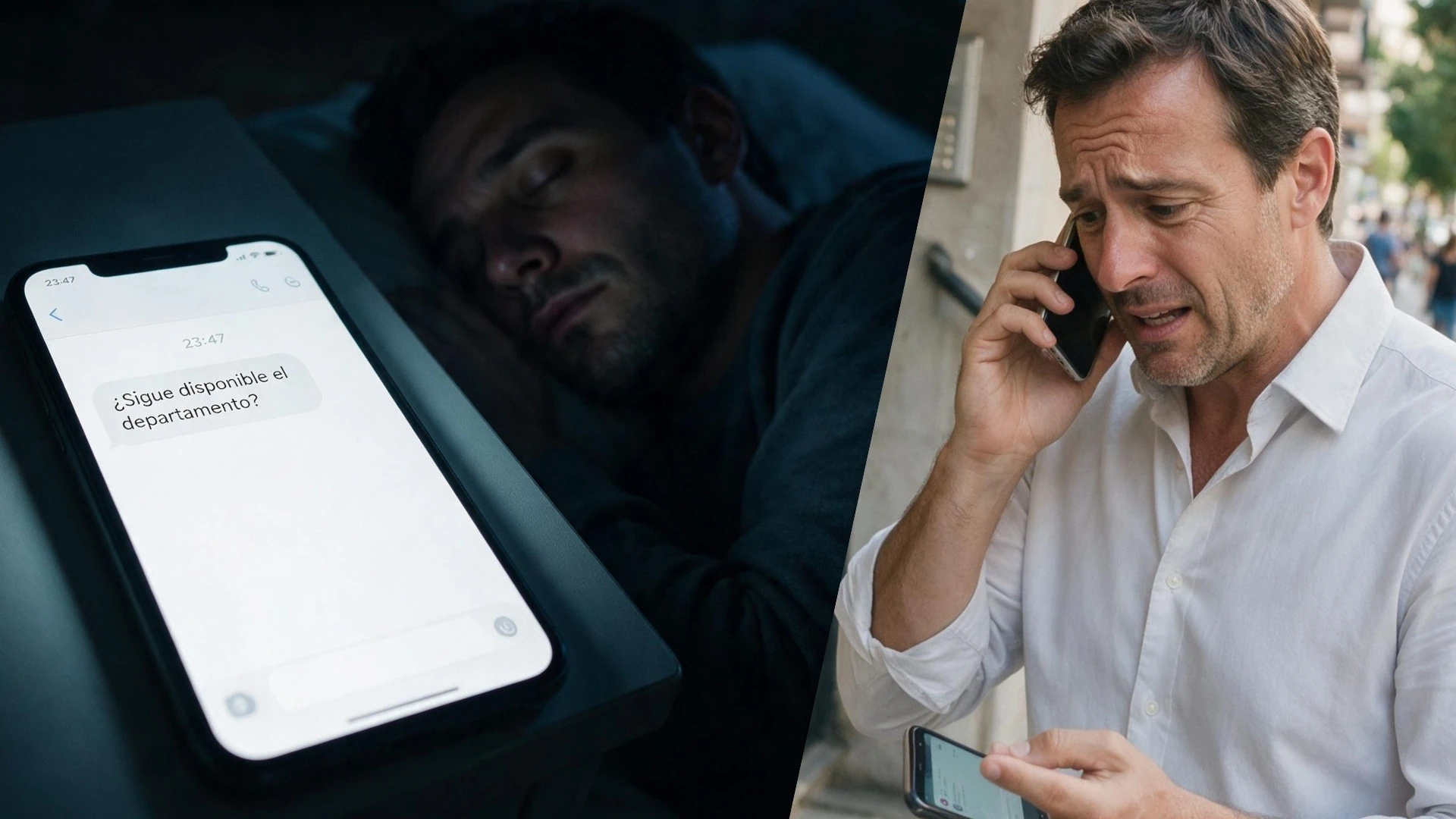 Persona dormida a las 23:47 mientras entra un WhatsApp preguntando si sigue disponible el departamento, y un asesor inmobiliario agobiado atendiendo llamadas al día siguiente